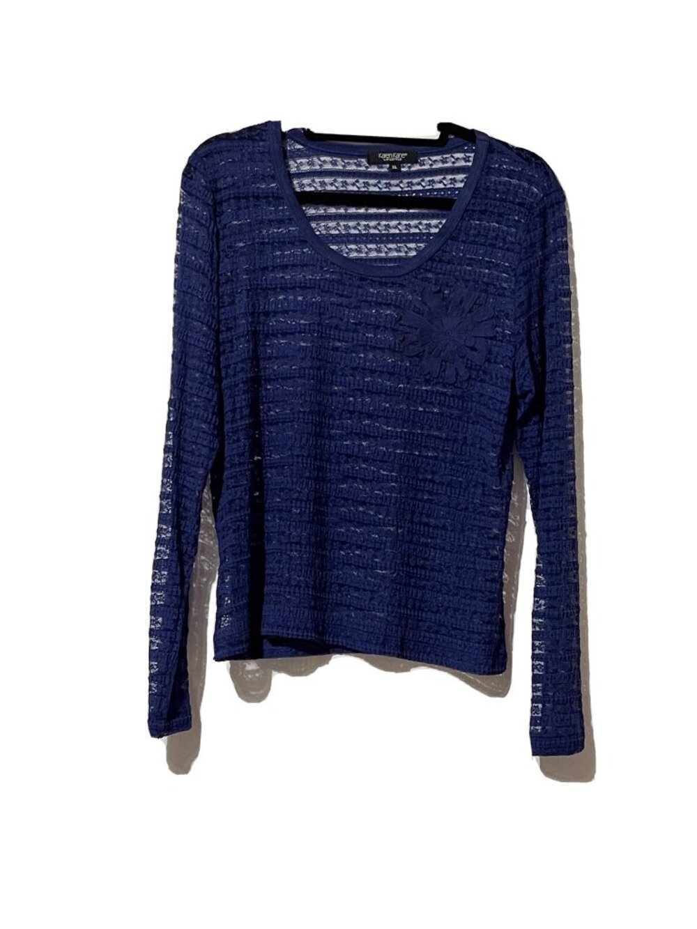 Karen Kane Size XL Royal Blue Sheer Lace Long Sleeve Top W/ Flower Embellishment